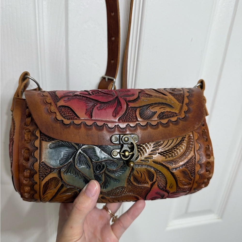 Floral Embossed Vintage Mexican Leather Shoulder Bag